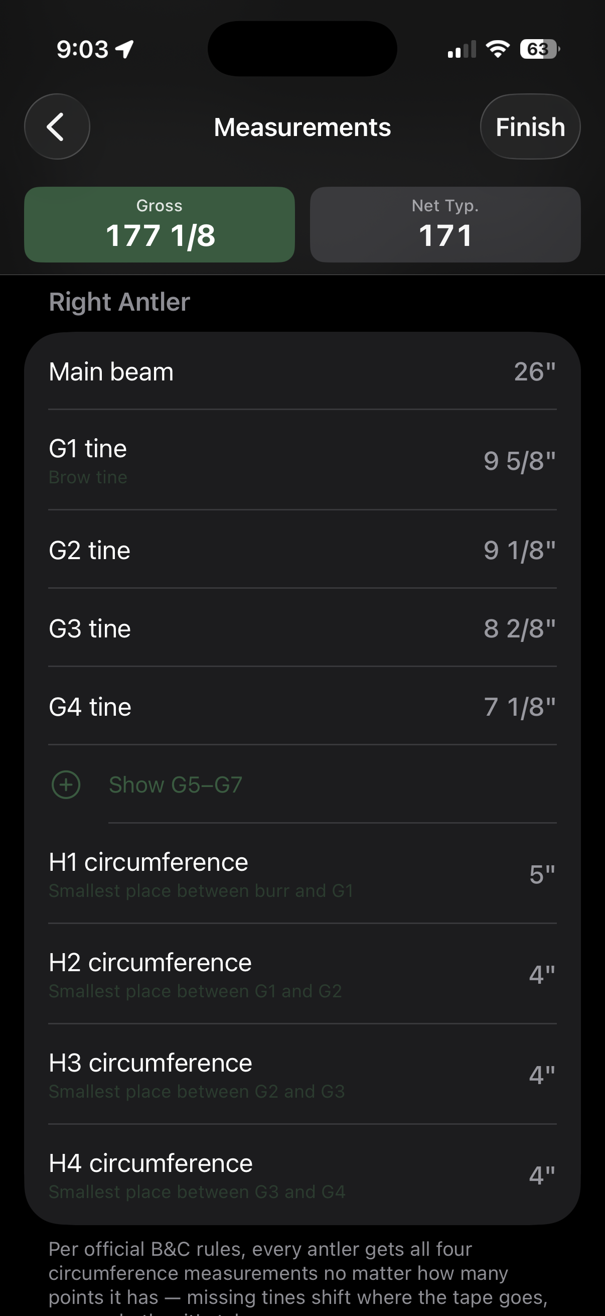 Measurement entry screen