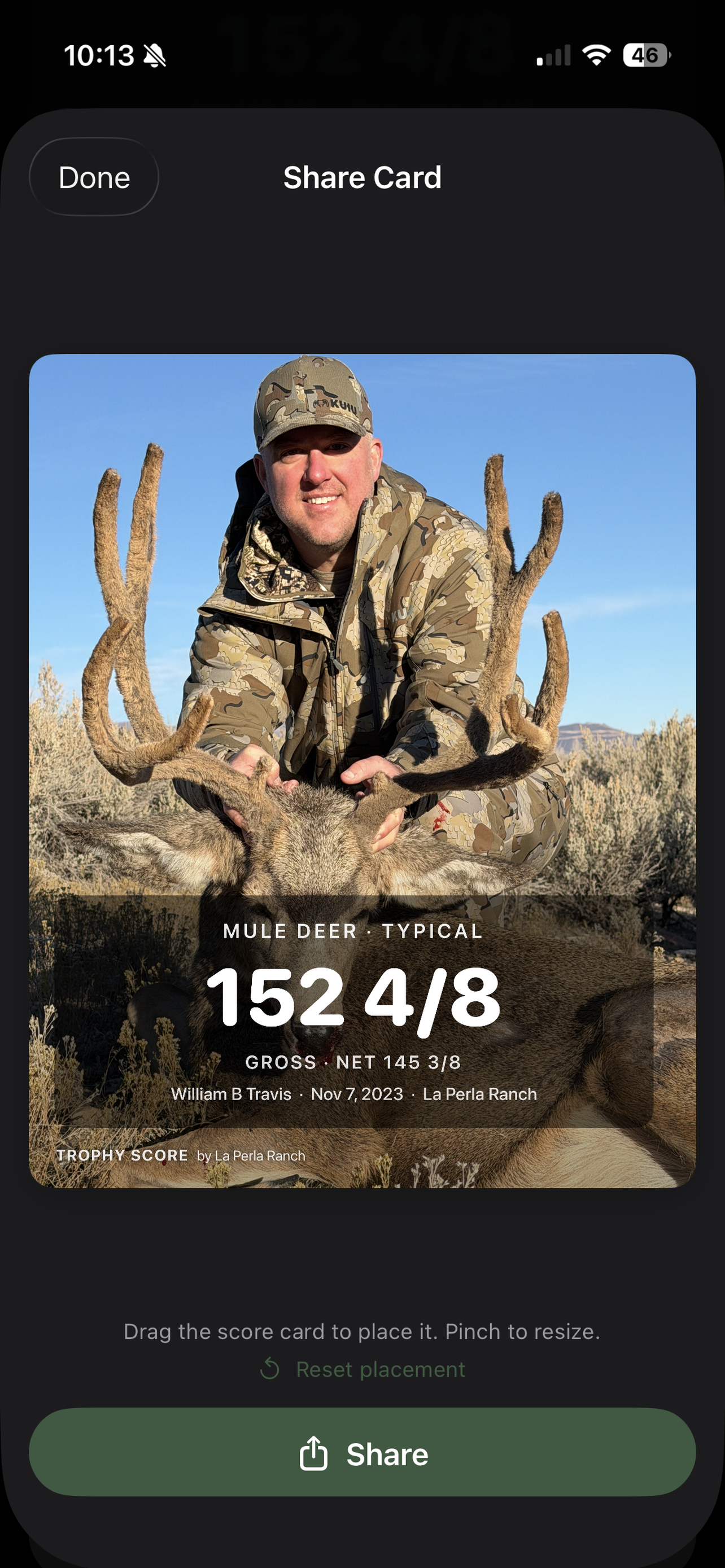 Share Card — score overlaid on a trophy photo